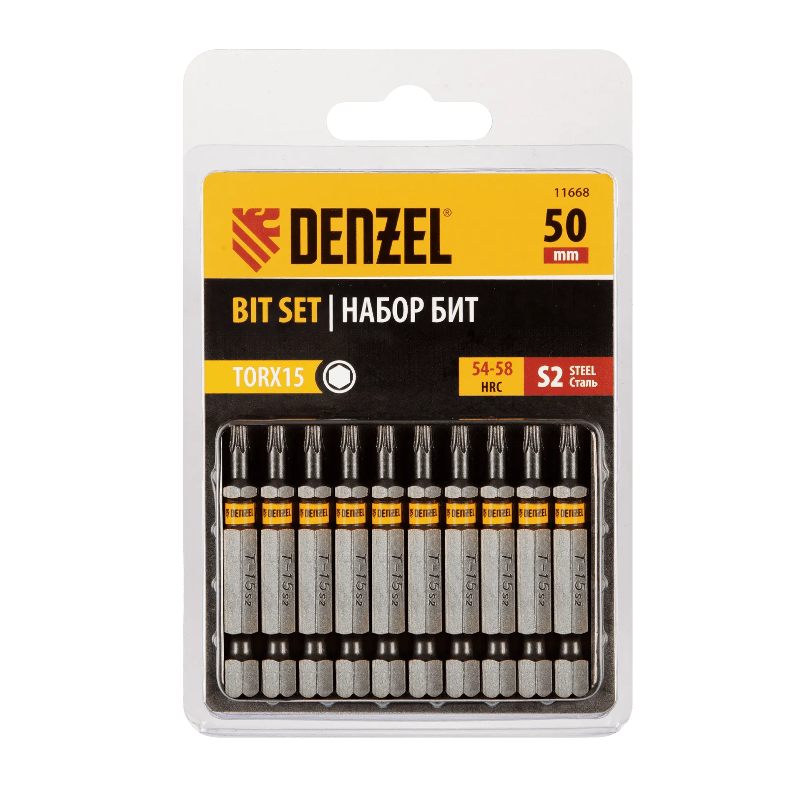 Бита DENZEL TX 15х50, сталь S2, шестигранный профиль, 10 шт. Е 6,3