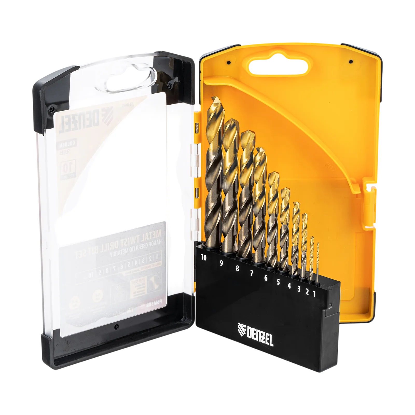 Набор сверл по металлу DENZEL, 1-10 мм, Р6М5К8-TiN, Golden Tip, 10 шт