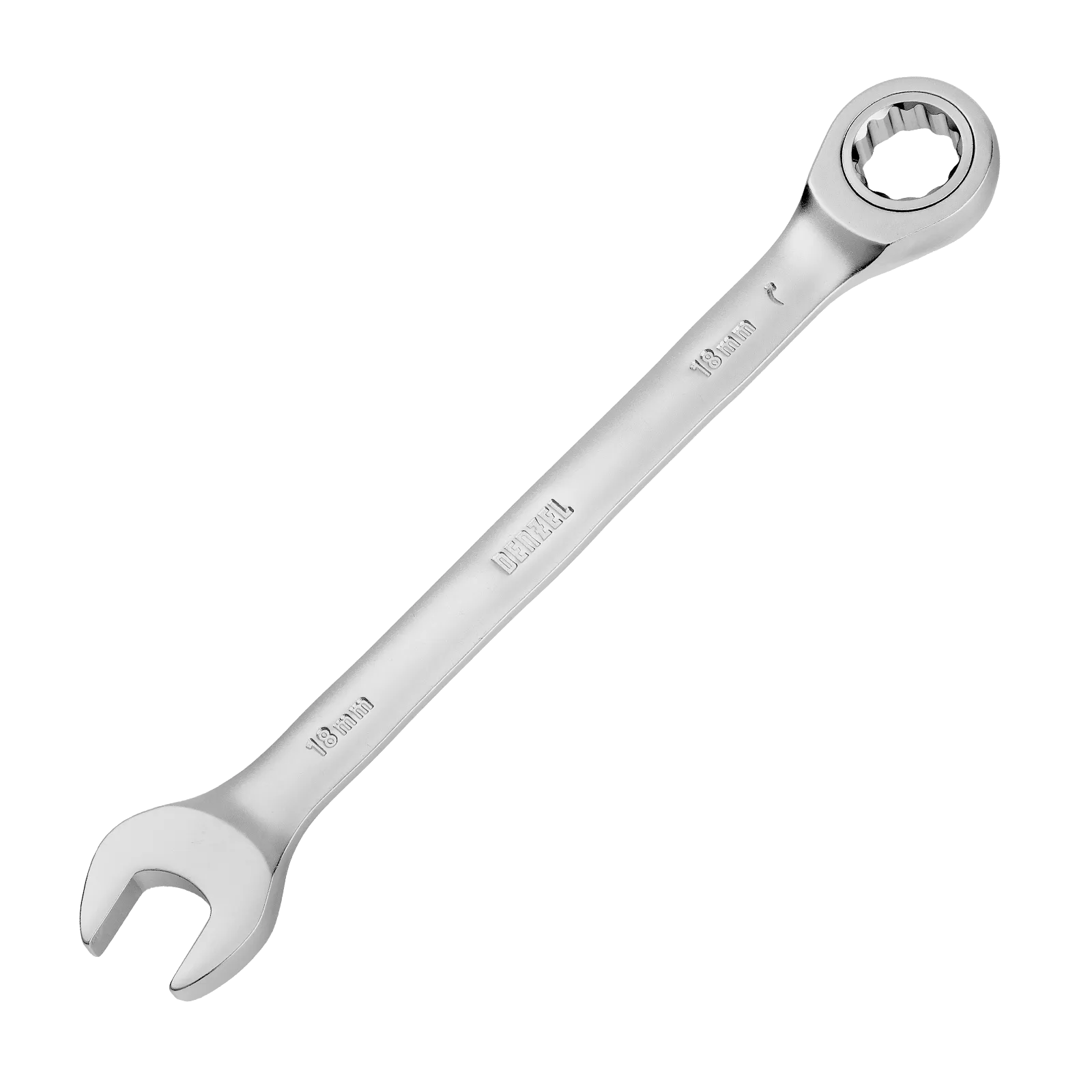Ключ комбинированный трещоточный DENZEL, 18 мм, CrV, матовый хром