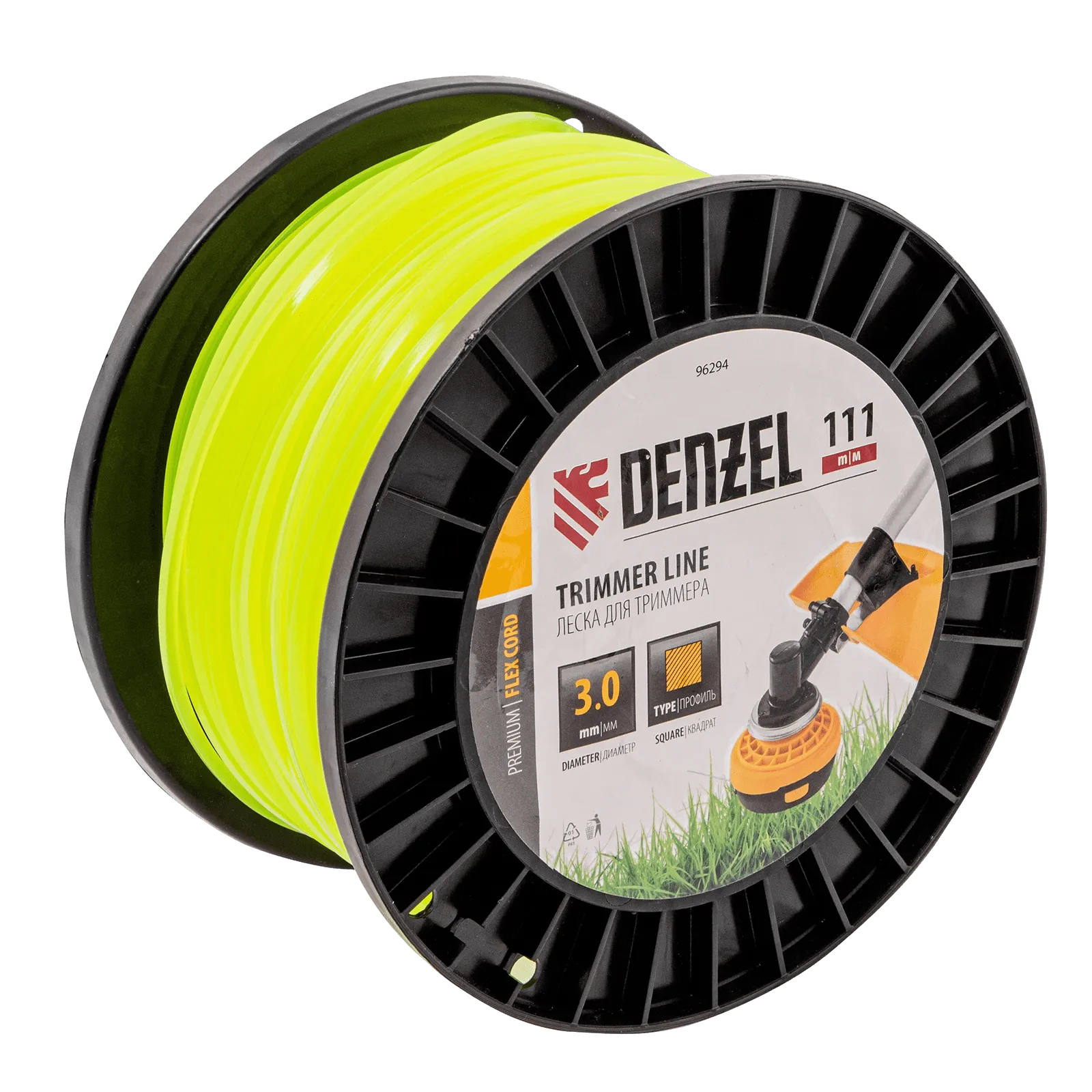 Леска для триммера DENZEL 96294 квадрат, 3,0мм х 111м, на DIN катушке FLEX CORD