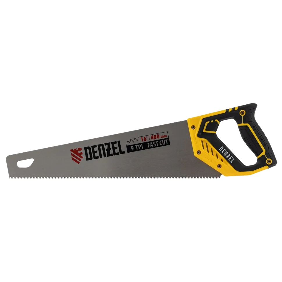 Ножовка по дереву DENZEL 400 мм, 9 TPI, зуб 3D, двухкомпонентная рукоятка