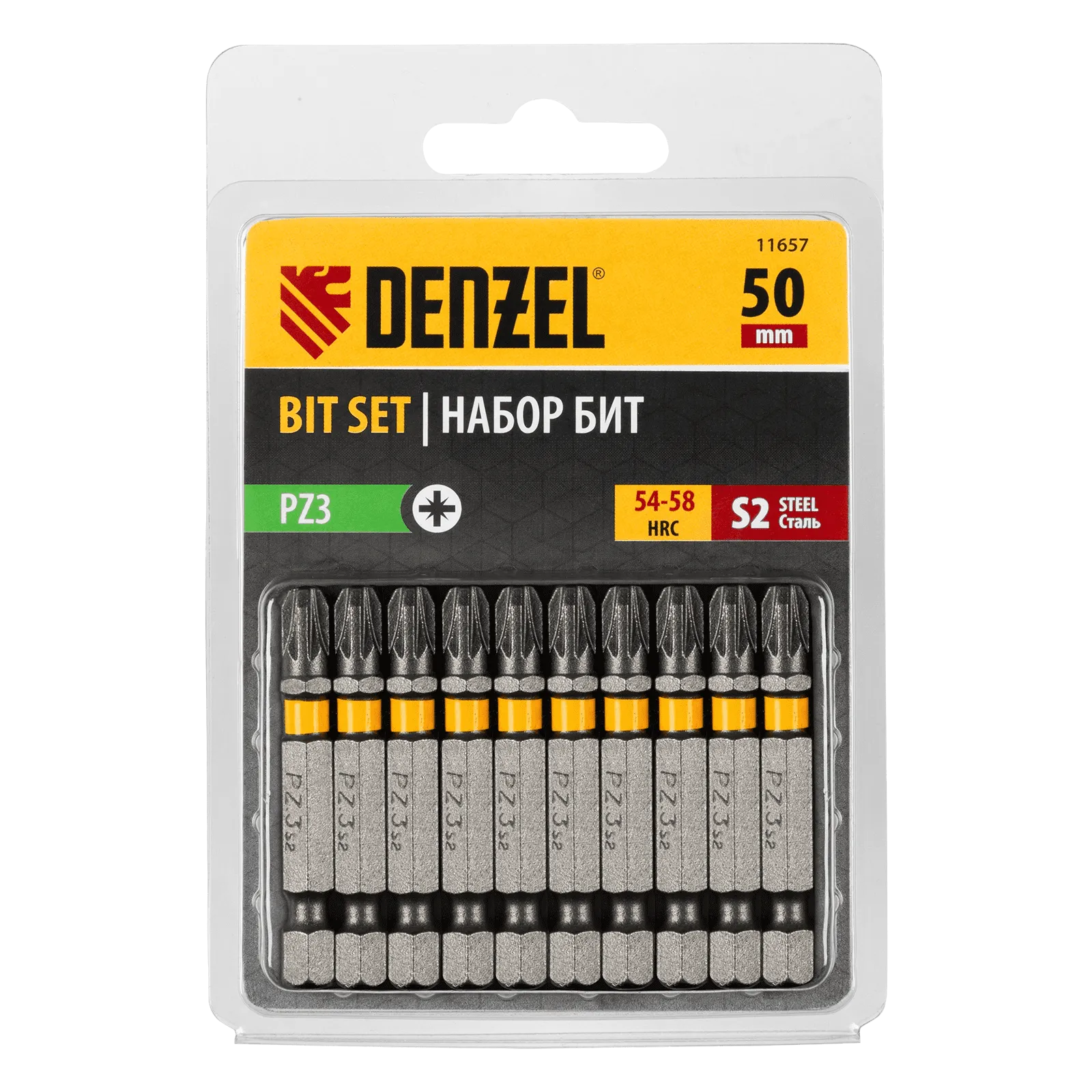 Бита DENZEL PZ3х50, сталь S2, шестигранный профиль, 10 шт. Е 6,3