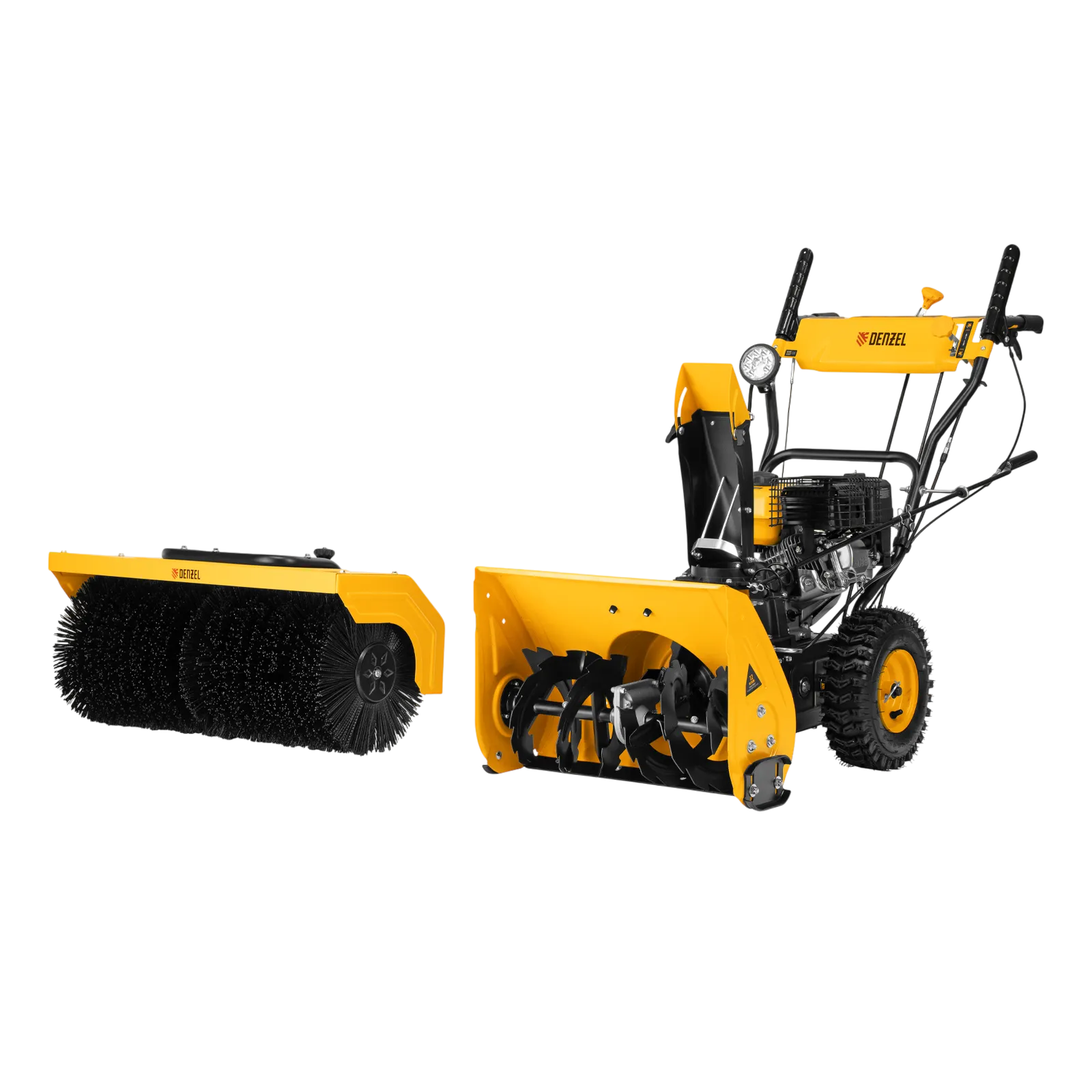 Гибридная снегоуборочная машина DENZEL с функц. подметания SWB-800, 212 сс, руч. старт, 2 насадки