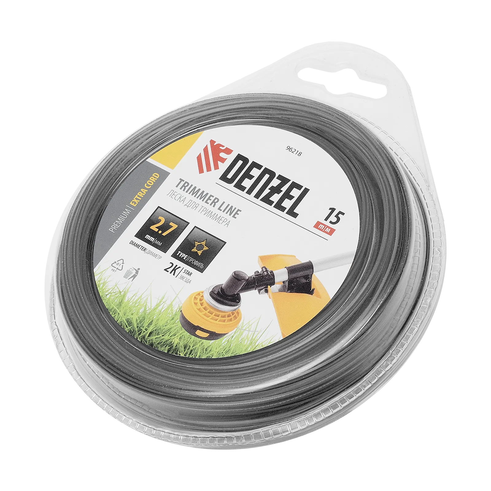 Леска для триммера DENZEL 96218 двухкомпонентная звезда, 2,7мм х 15м, блистер EXTRA CORD