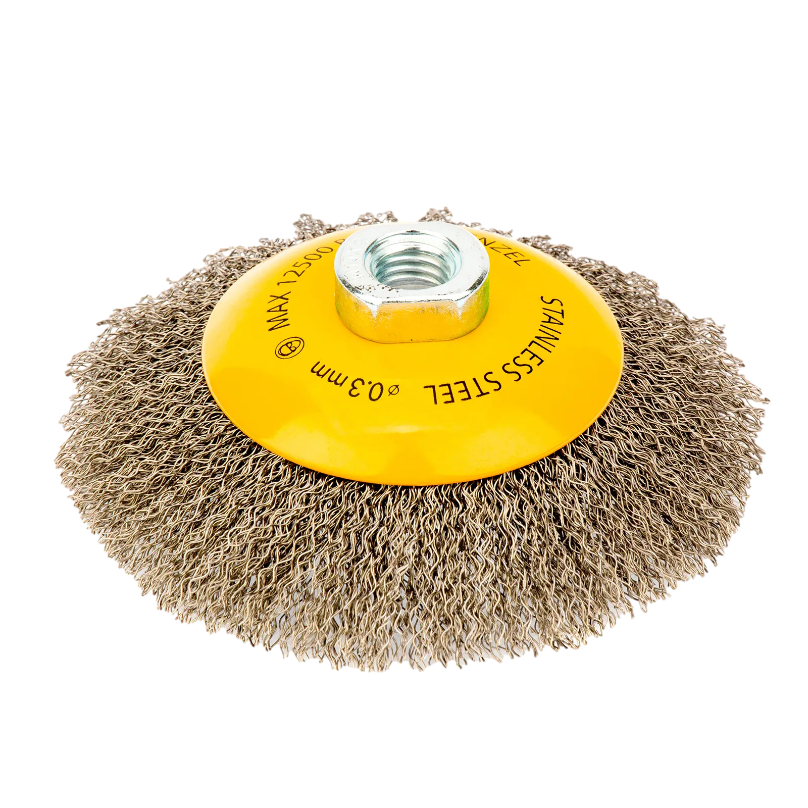 Щетка для УШМ DENZEL 746163, 125 мм, «тарелка», витая нержавеющая проволока 0.3 мм, М14