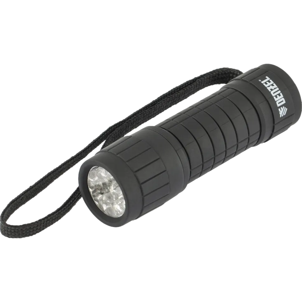 Светодиодный фонарь DENZEL 92610, черный корпус с мягким покрытием, 9 Led, 3 х ААА
