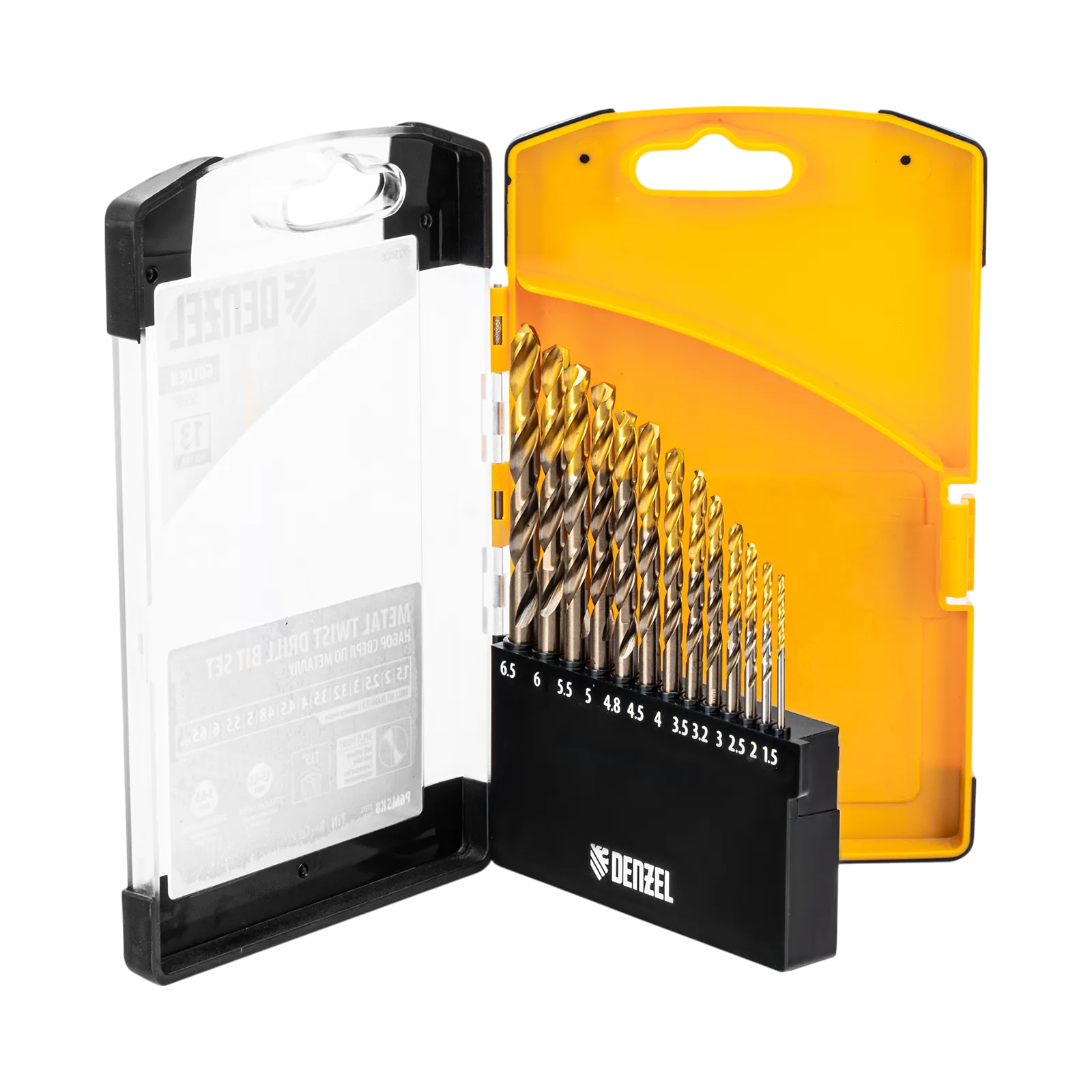Набор сверл по металлу DENZEL, 1,5-6,5мм, Р6М5К8-TiN, Golden Tip, 13 шт