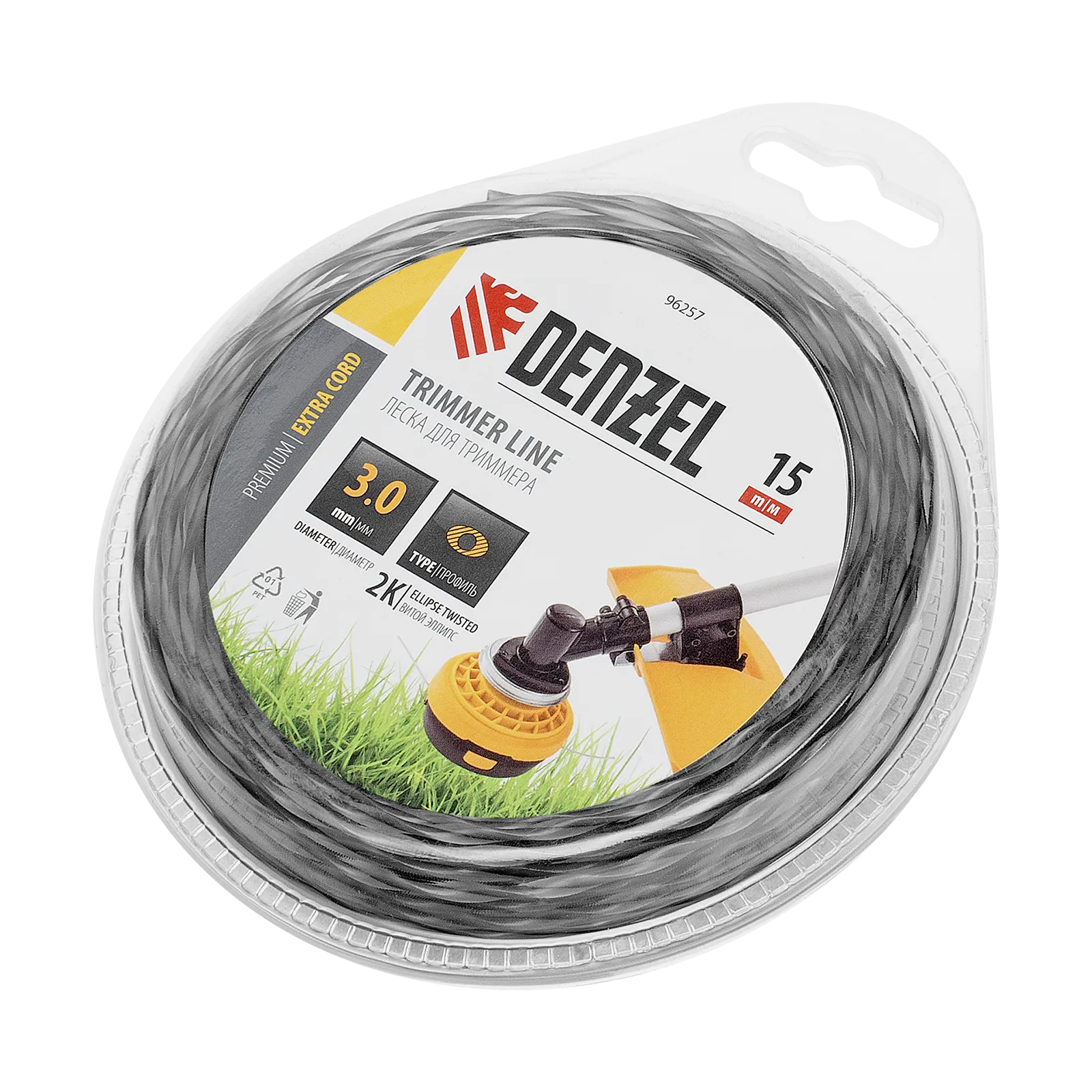Леска для триммера DENZEL 96257 двухкомпонентная эллипс, 3,0мм х 15м, блистер EXTRA CORD