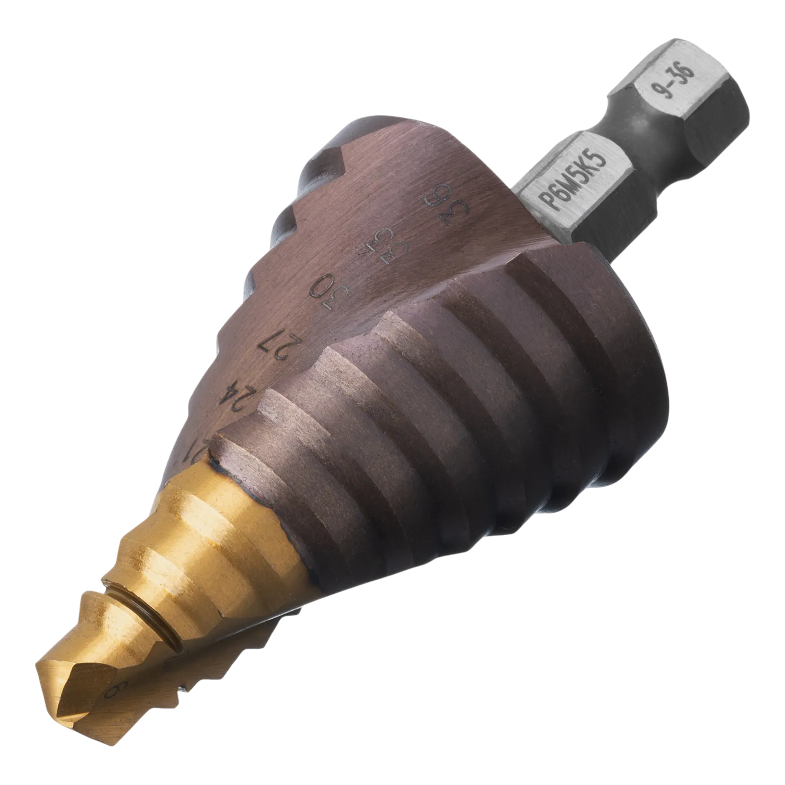 Сверло ступенчатое DENZEL, 9-12-15-18-21-24-27-30-33-36 мм, Р6М5К5, 6-гр. хвостовик