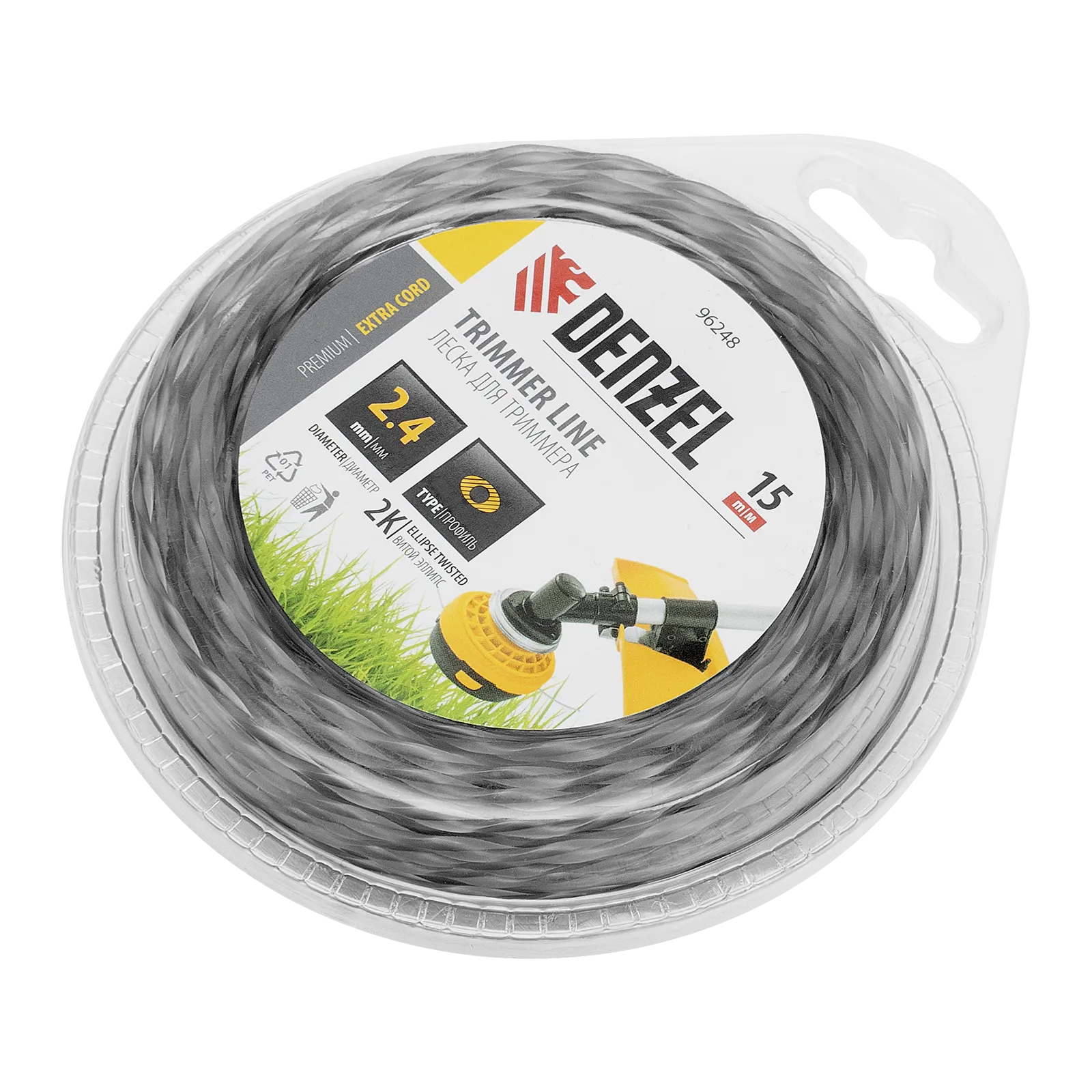 Леска для триммера DENZEL 96248 двухкомпонентная эллипс 2,4мм х 15м, блистер EXTRA CORD