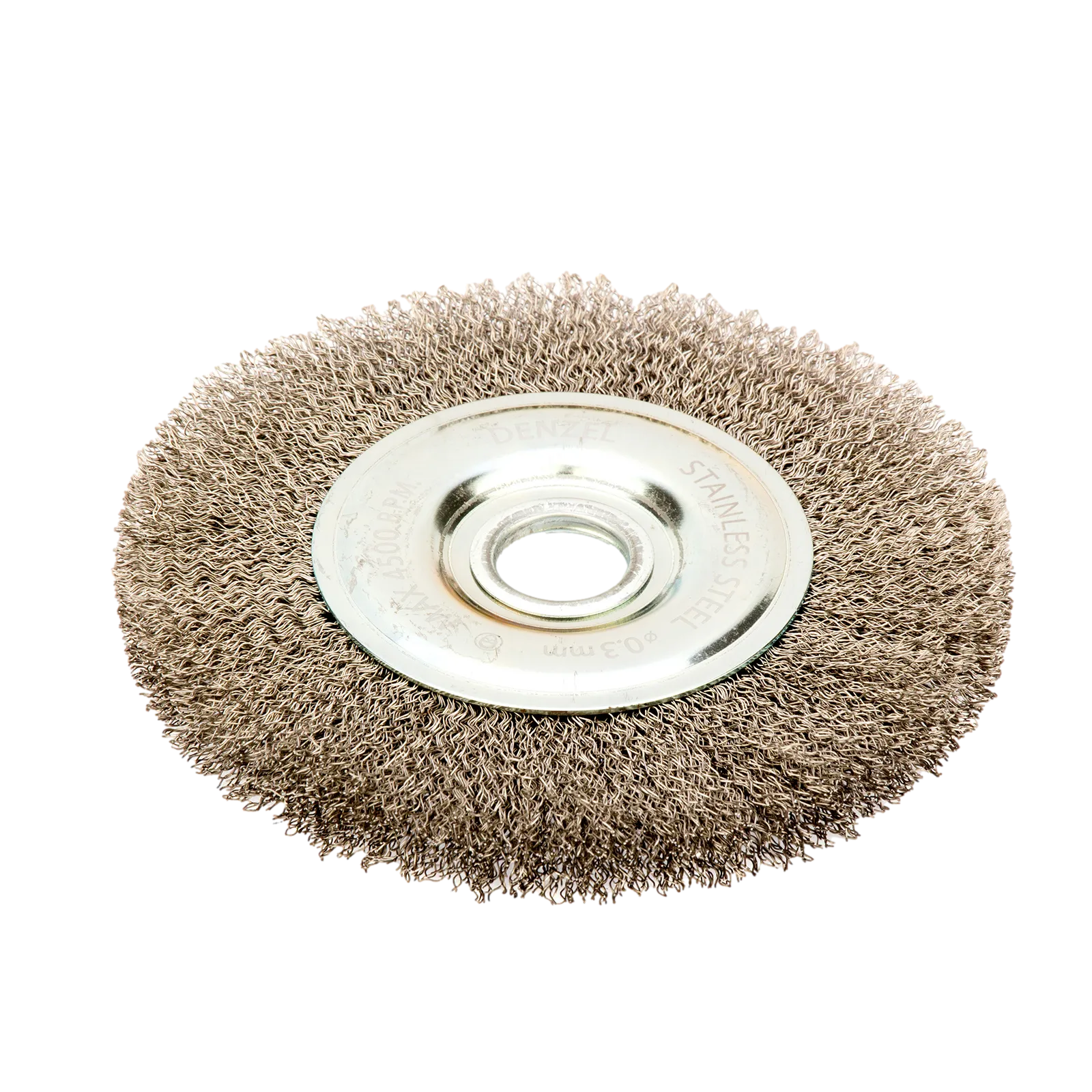 Щетка для УШМ DENZEL 746643, 150 мм, «плоская», витая нержавеющая проволока 0.3 мм, посадка 22.2 мм