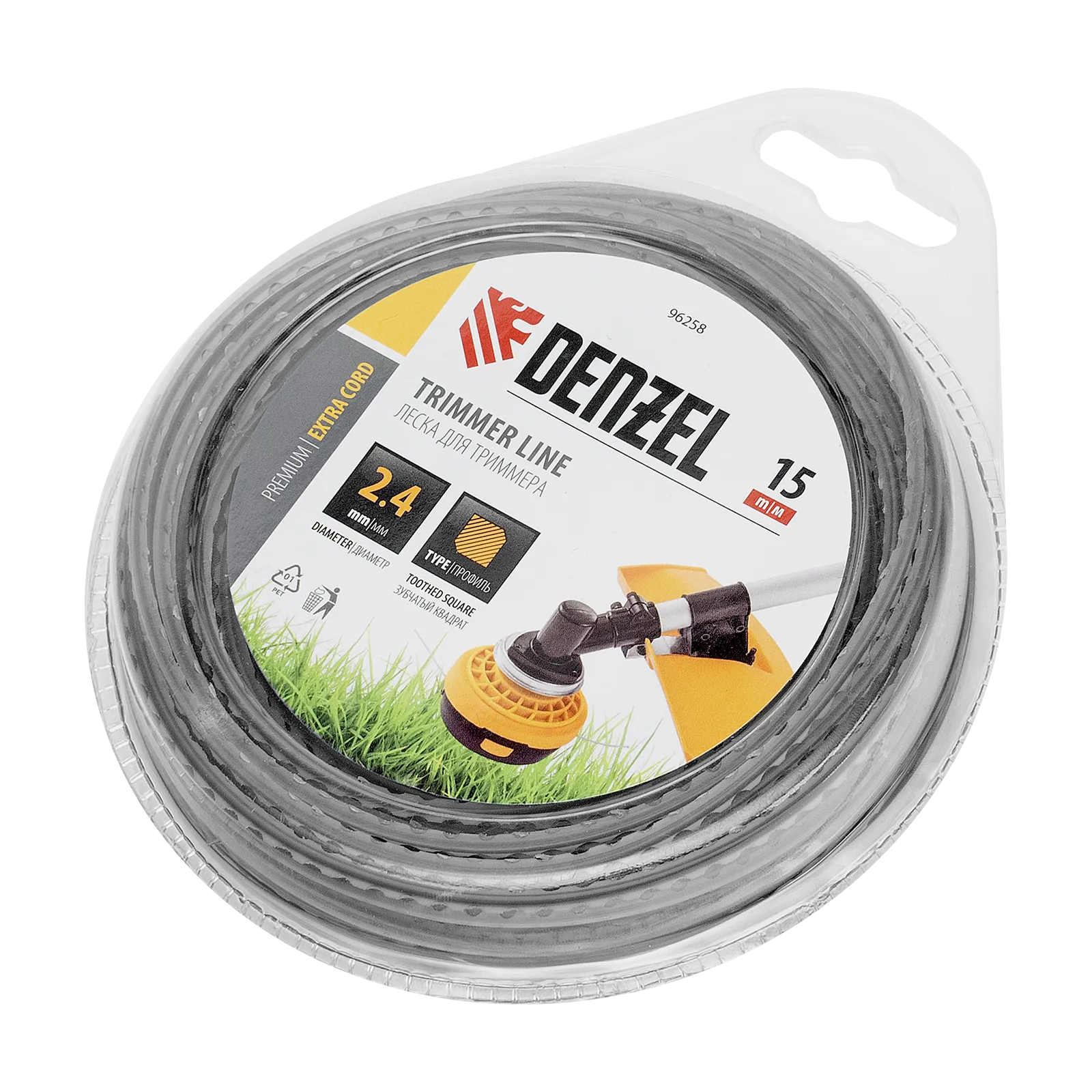 Леска для триммера DENZEL 96258 двухкомпонентная зубчатый квадрат, 2,4мм х 15м, блистер EXTRA CORD
