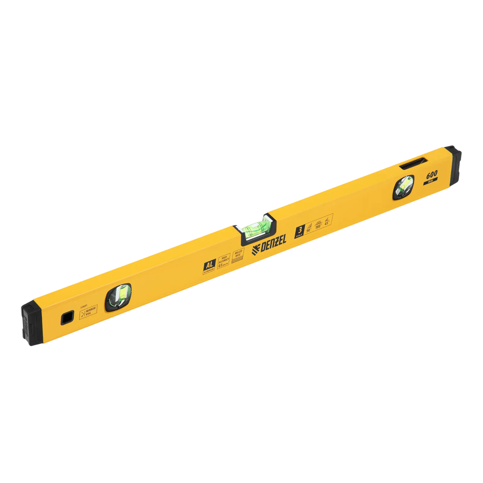 Уровень алюминиевый DENZEL магнит., фрезерованный, 3 глазка (1 зеркал.), 0,5 мм/м, 600 мм