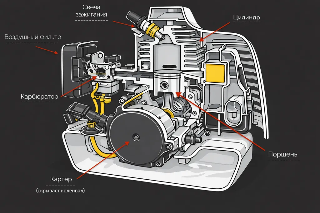 Схема разобранного двигателя бензопилы с камерой внутренного сгорания и маркировкой