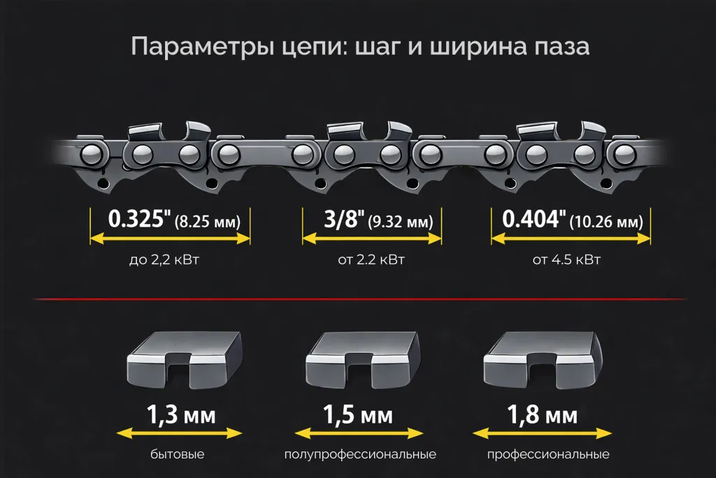 cхема шага цепи и ширины паза шины бензопилы