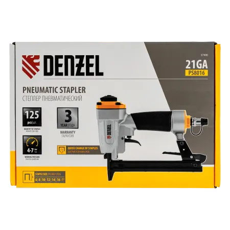 Степлер пневматический DENZEL PS8016 для прямоугольных скоб 21GA от 6 до 16 мм
