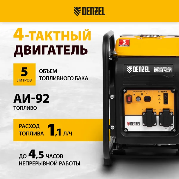 Инверторный генератор DENZEL GT-3500iF, 3.5 кВт, 230 В, бак 5 л, ручной старт