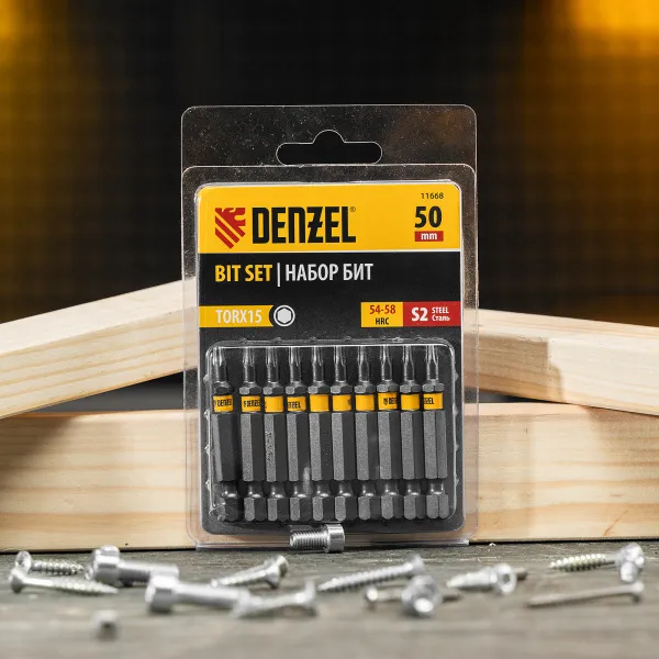 Бита DENZEL TX 15х50, сталь S2, шестигранный профиль, 10 шт. Е 6,3