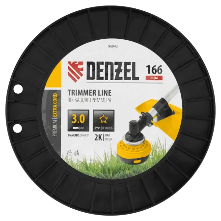 Леска для триммера DENZEL двухкомпонентная звезда, 3,0мм х 166м, на DIN катушке EXTRA CORD