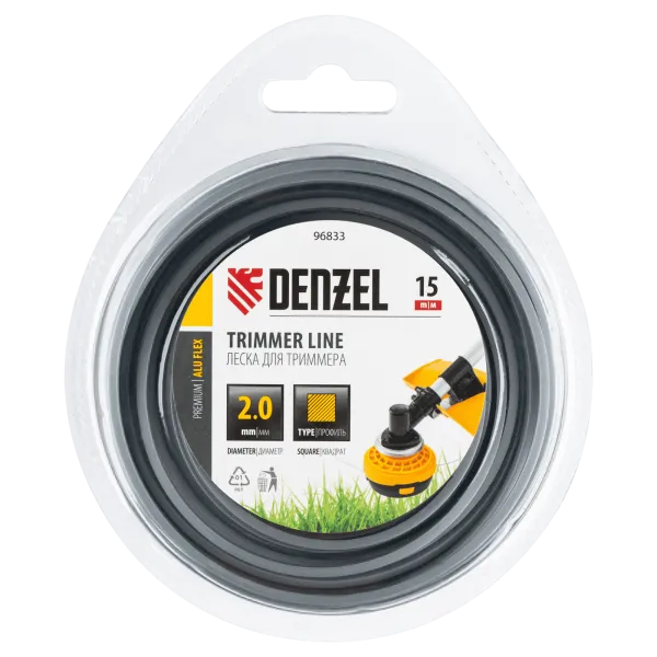 Леска для триммера DENZEL армированная алюминием квадратная, 2,0мм х 15м, блистер ALUFLEX