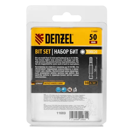 Бита DENZEL TX 20х50, сталь S2, шестигранный профиль, 10 шт. Е 6,3
