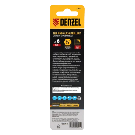 Сверло по керамической плитке DENZEL 6 мм, крестовая пластина, шестигранный хвостовик