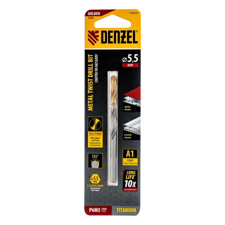 Сверло спиральное по металлу DENZEL 5,5 x 93 мм, Р6М5, Golden Tip