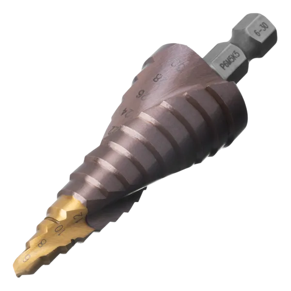 Сверло ступенчатое DENZEL, 6-8-10-12-14-16-18-20-22-24-26-28-30мм, Р6М5К5, 6-гр. хвостовик