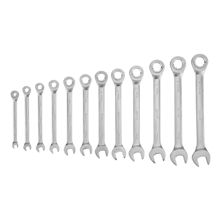 Набор ключей комбинированных трещоточных DENZEL 6-19 мм, 12 шт., CrV, матовый хром