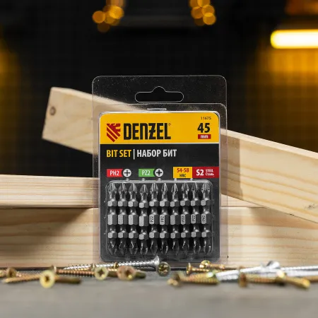 Бита DENZEL двухсторонняя, PH2-PZ2 х 45 мм, сталь S2, 10 шт.