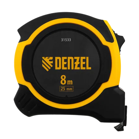 Рулетка DENZEL 8м х 25мм, двухкомп. корпус, магнитный обрезиненный зацеп