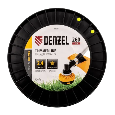 Леска для триммера DENZEL 96286 звезда, 2,4мм х 260м, на DIN катушке FLEX CORD