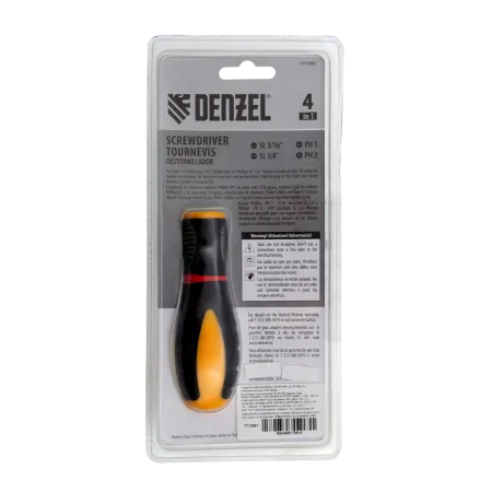 Отвертка комбинированная DENZEL, SL3/16, PH1, SL1/4, PH2, 3-х компонентная рукоятка