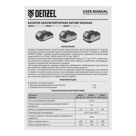 Батарея аккумуляторная DENZEL BH-20-6.0, Li-Ion, USB, 20 В, 6,0 Ач