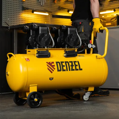 Компрессор безмасл. малошумный DENZEL DLP-3000/100, 3 кВт, 2х1,5 кВт,100 л, 2850 об/мин,500 л/мин