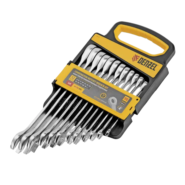 Набор ключей комбинированных трещоточных DENZEL 6-19 мм, 12 шт., CrV, матовый хром