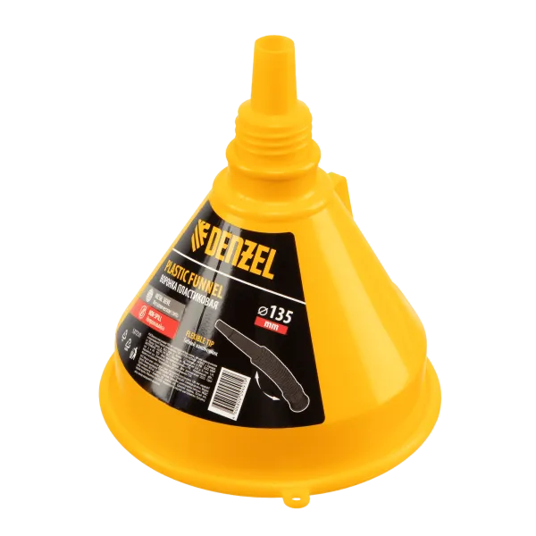 Воронка пластиковая DENZEL 135 мм с металлическим ситом, гибким наконечником и непроливайкой