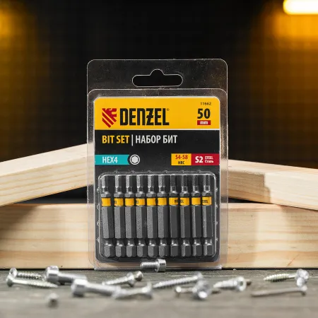 Бита DENZEL HEX 4х50, сталь S2, шестигранный профиль, 10 шт. Е 6,3