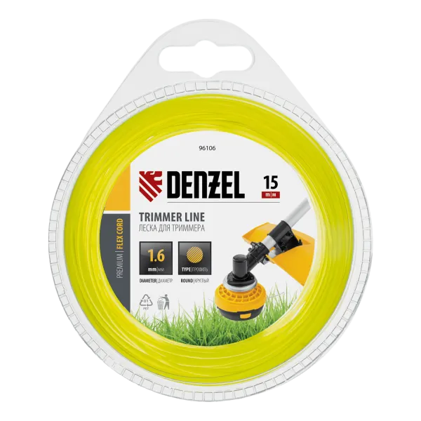 Леска для триммера DENZEL Flex Сord 96106, 1.6 мм x 15 м, круглая, блистер