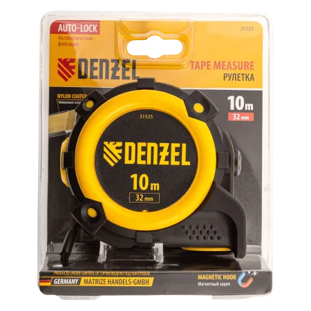 Рулетка DENZEL 31525 10м х 32мм, автоматич. фиксац., нейлон. покрытие, магнит. зацеп, двухстор. разметка