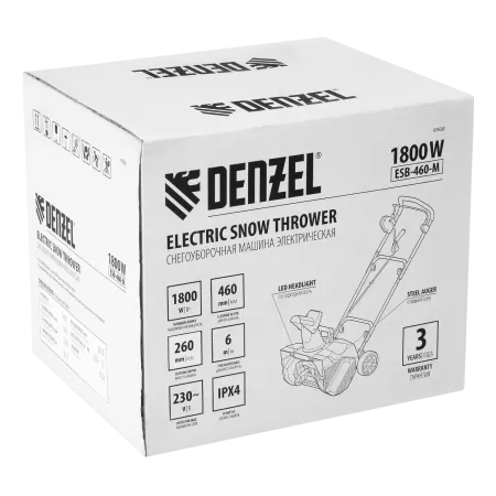 Снегоуборщик электрический DENZEL ESB-460-M, 1.8 кВт, металлический шнек, LED фара