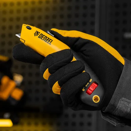 Нож DENZEL 19мм, сменное трапециевидное лезвие, SK4, алюминиевый корпус, торцевой зажим