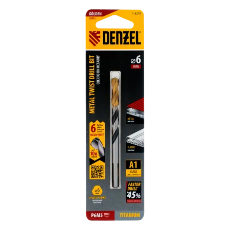 Сверло спиральное по металлу DENZEL 6 x 93 мм, Р6М5, Golden Tip, многогранная заточка
