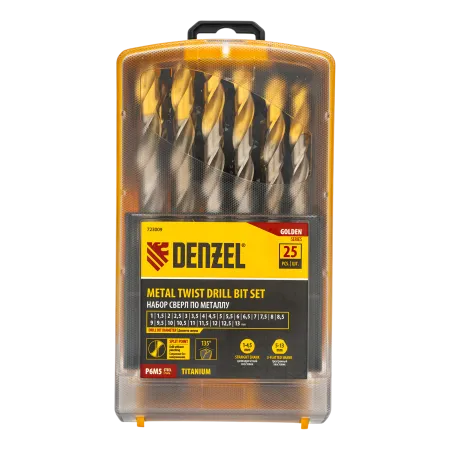Набор сверл по металлу DENZEL, 1-13 мм, Р6М5-TiN, Golden Tip, 25 шт