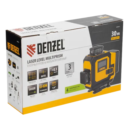 Лазерный уровень мультипризменный DENZEL DLV 360-4T, 30 м, зеленый луч, Li-Ion 2,4 Aч, штатив