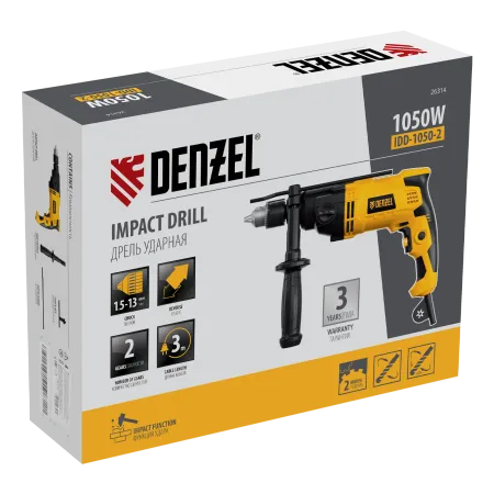 Дрель ударная DENZEL IDD-1050-2, 1050Вт, 0-1200/0-3200 об/мин, 0-19200/0-51200 уд/мин, 2 скор.