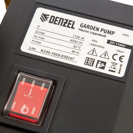 Насос садовый поверхностный DENZEL GP1100C, 1100 Вт, 4500 л/ч, высота подъема 46 м