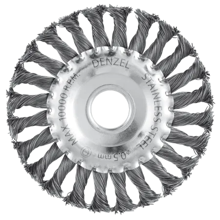Щетка для УШМ DENZEL 746323, 125 мм, «плоская», крученая нержавеющая проволока 0.5 мм, посадка 22.2 мм