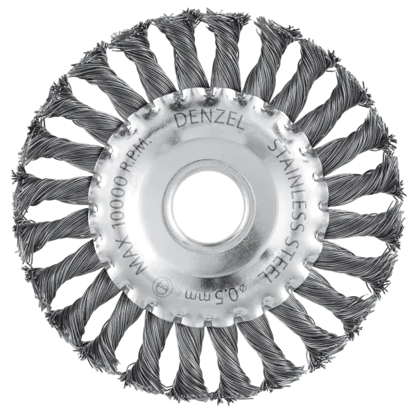 Щетка для УШМ DENZEL 746323, 125 мм, «плоская», крученая нержавеющая проволока 0.5 мм, посадка 22.2 мм