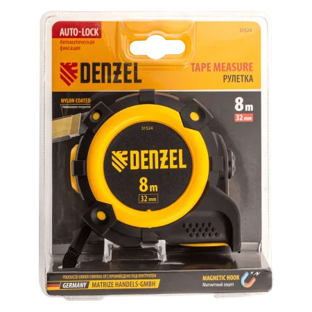 Рулетка DENZEL 31524 8м х 32мм, автоматич. фиксац., нейлон. покрытие, магнит. зацеп, двухстор. разметка